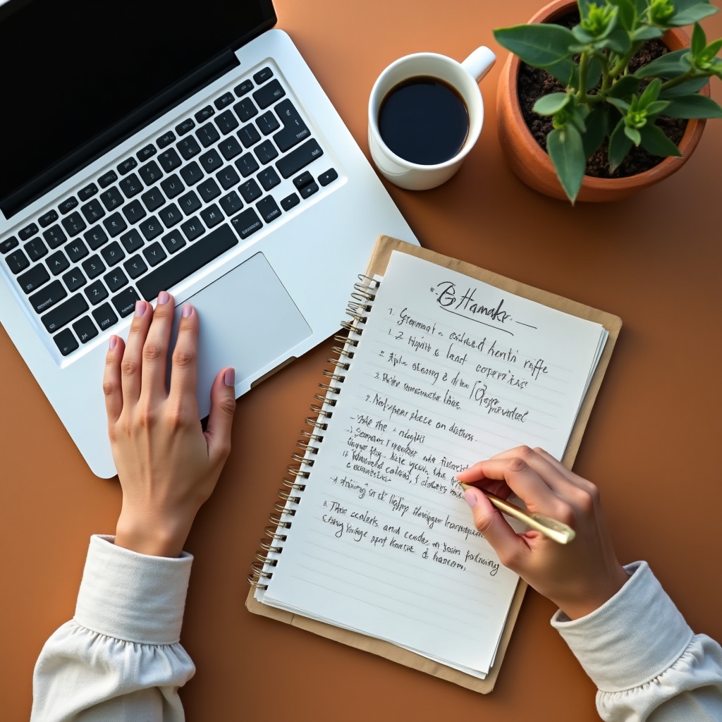 Arbeitsplatz mit Laptop und handschriftlichen Notizen zu Vertragsthemen